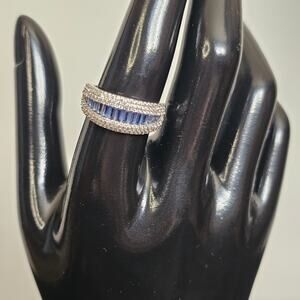 Sterling Silver Blue Baguette & Pavé CZ Statement Ring Wide Band Glam, Size ~8.5